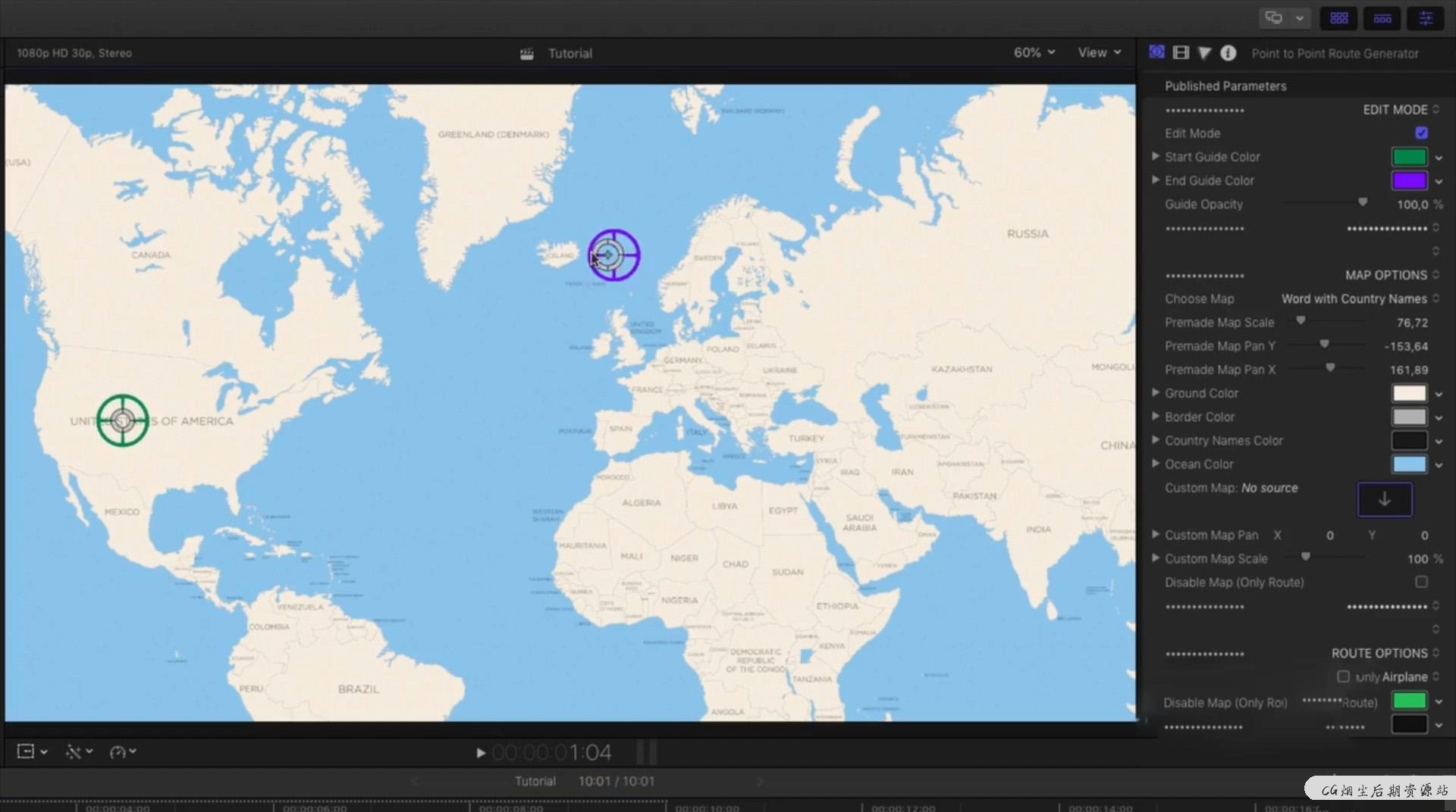 fcpx插件 点对点地图动画路线生成器 旅行商务路线规划动画工具