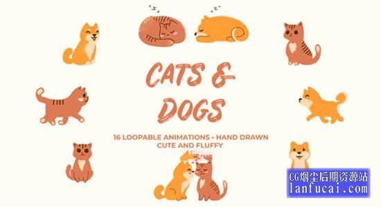 视频素材-16组手绘卡通可爱猫猫狗狗动画 Cats And Dogs Hand Drawn Pack