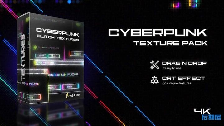 AE/PR模板|54组赛博朋克故障干扰动画特效纹理包 含4K视频 AEJuice Cyberpunk Glitch Texture Pack