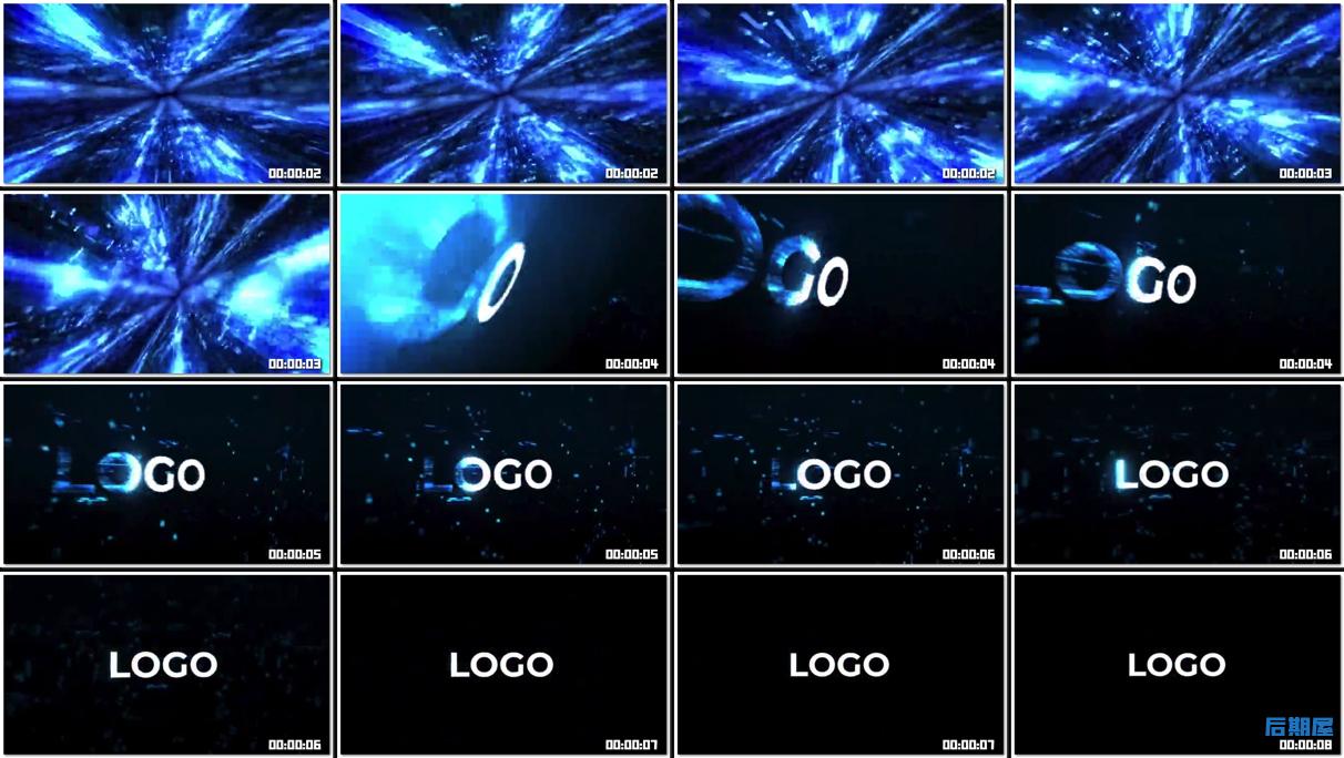 AE模板蓝色发光像素隧道logo揭示开场特效