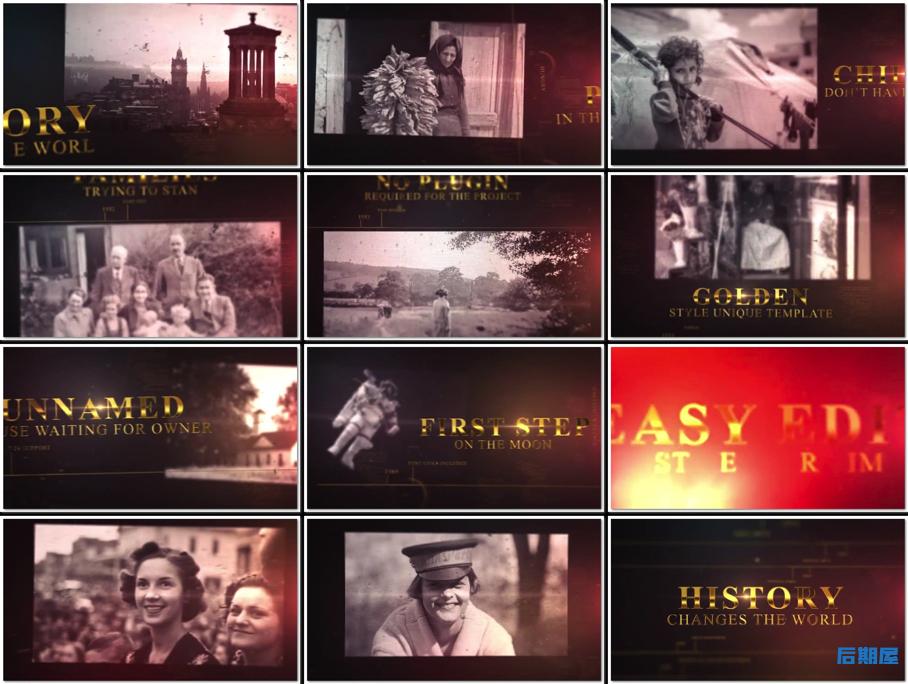 AE模板历史改变世界，漏光中的时间线老照片展示动画
