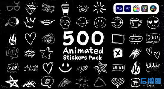视频素材-500个手绘卡通图形贴纸动画 Animated Stickers Pack