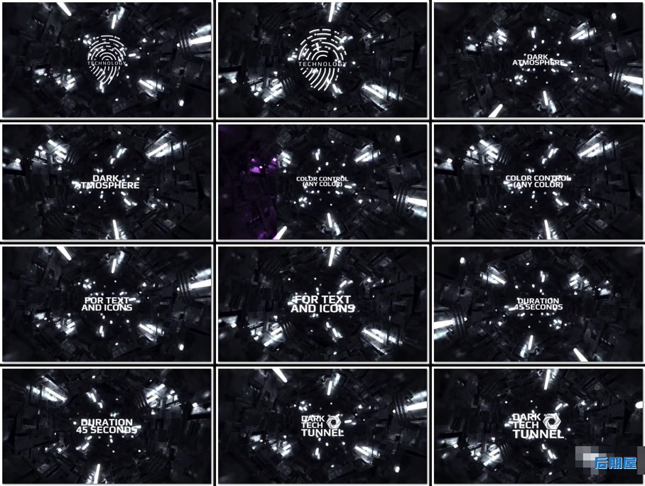 AE模板在暗黑科幻隧道中穿梭展示的文本标题开场动画