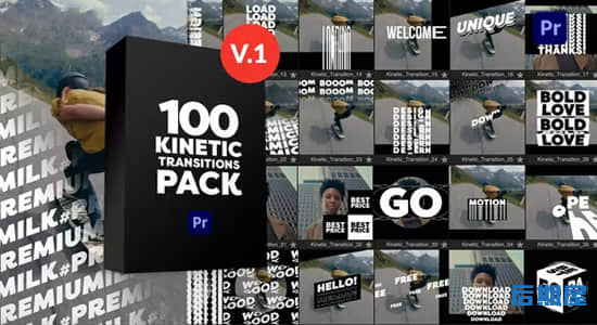 PR模板-100种创意文字标题排版设计转场过渡预设 Kinetic Transitions Pack