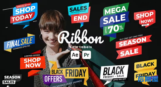 AE/PR模板-电商广告促销打折文字标签动画 Ribbon Sale Labels